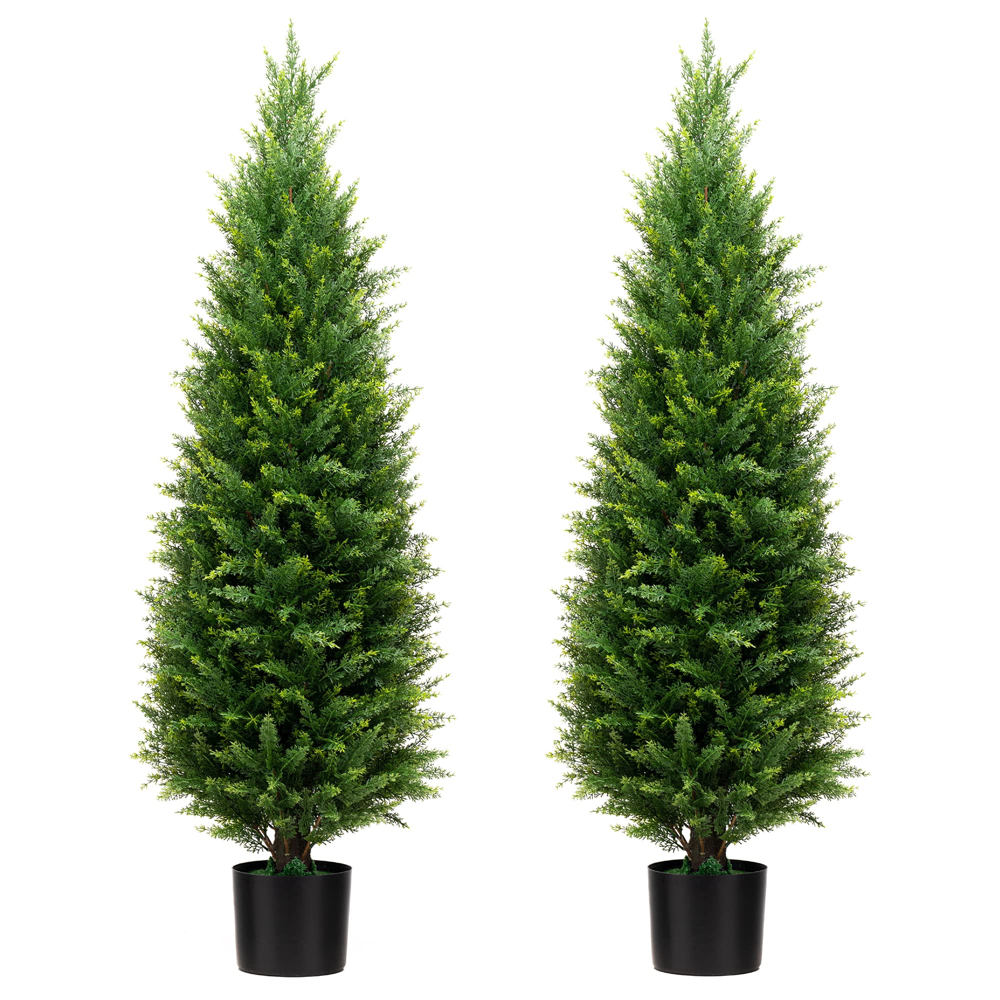 ECOLVANT 4ft artificial cedar topiary two-pack displayed on a front porch for outdoor durability.