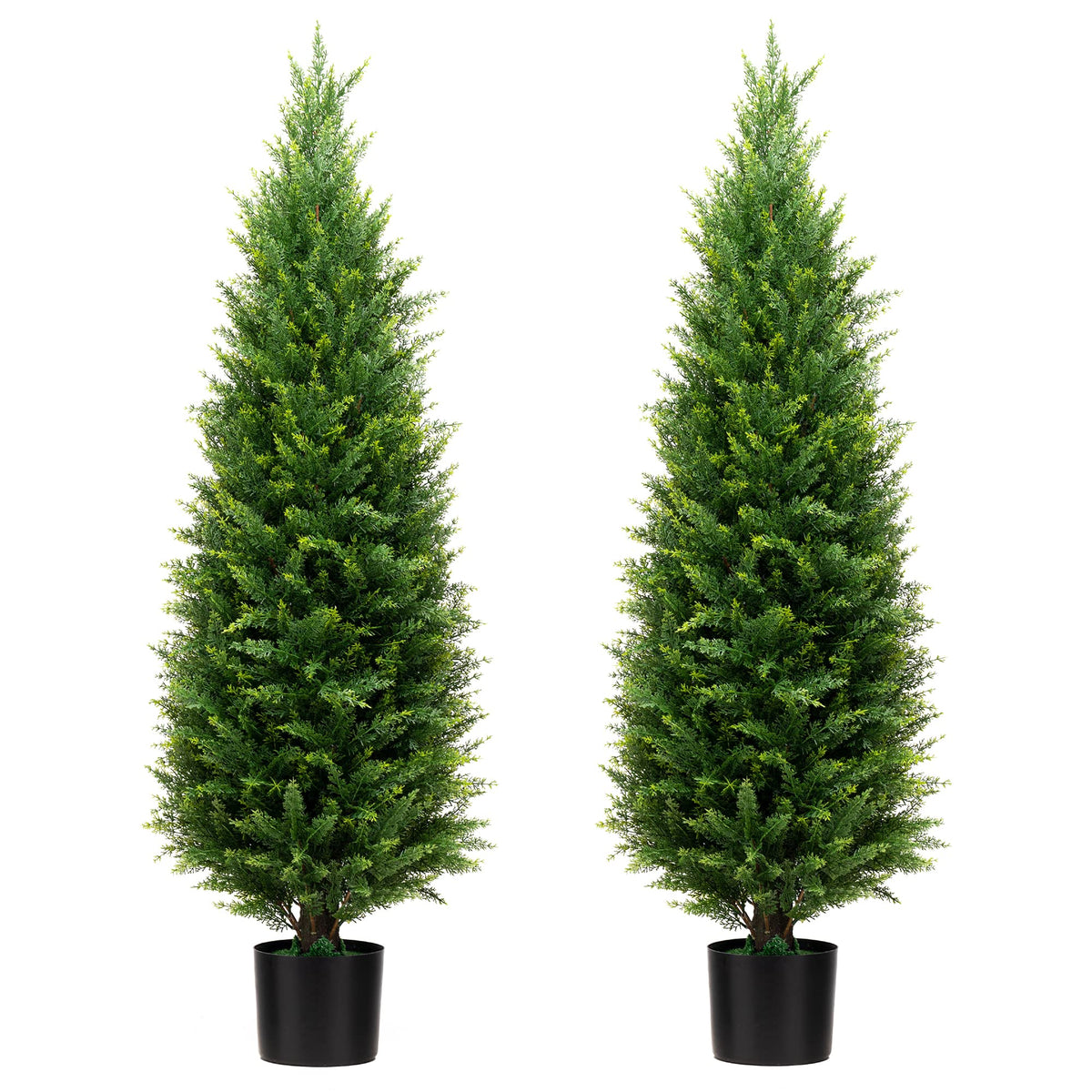 ECOLVANT 4ft artificial cedar topiary two-pack displayed on a front porch for outdoor durability.