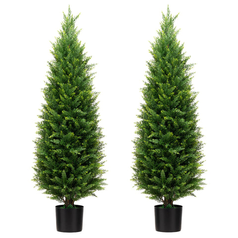 ECOLVANT 4ft artificial cedar topiary two-pack displayed on a front porch for outdoor durability.