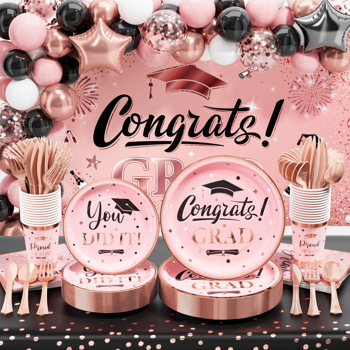 Ecomore graduation backdrop in pink and rose gold, ideal for photo moments.
