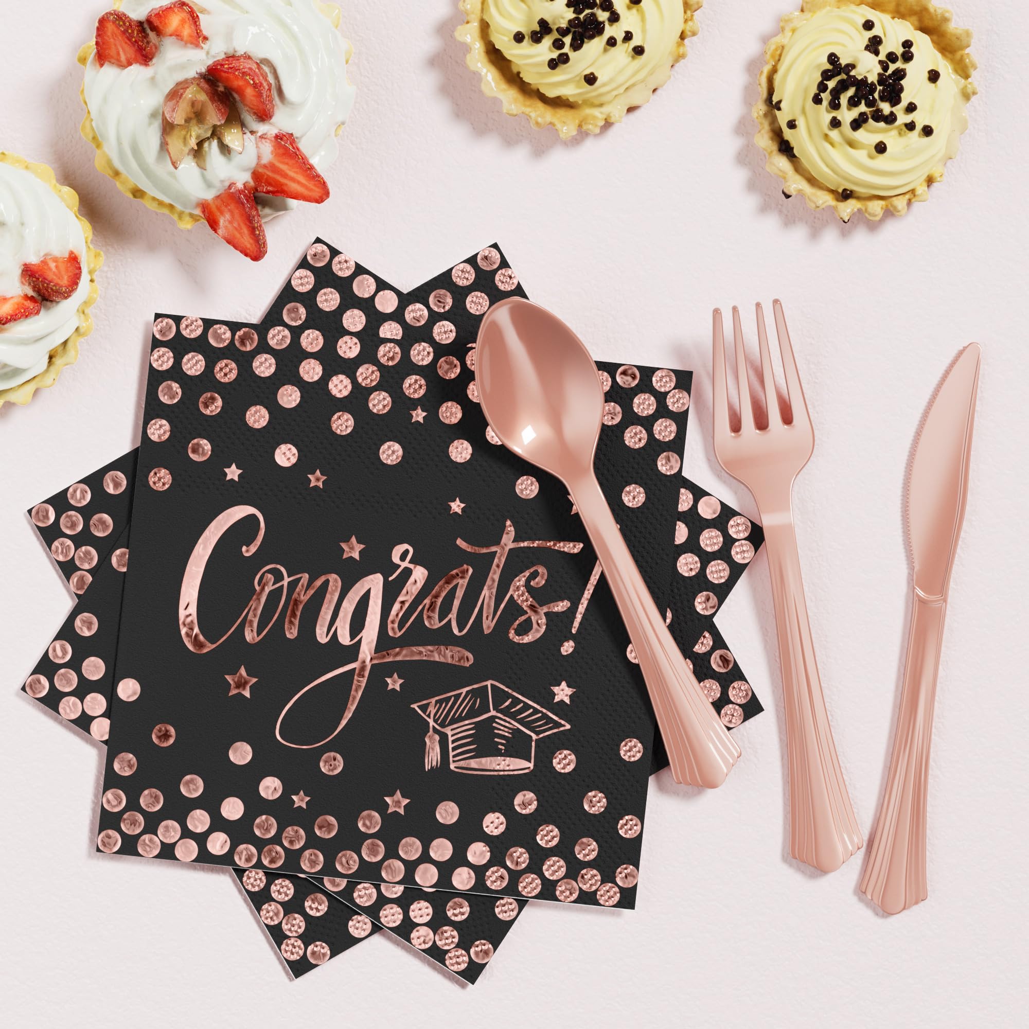 Ecomore napkins in rose gold complement the theme and simplify cleanup