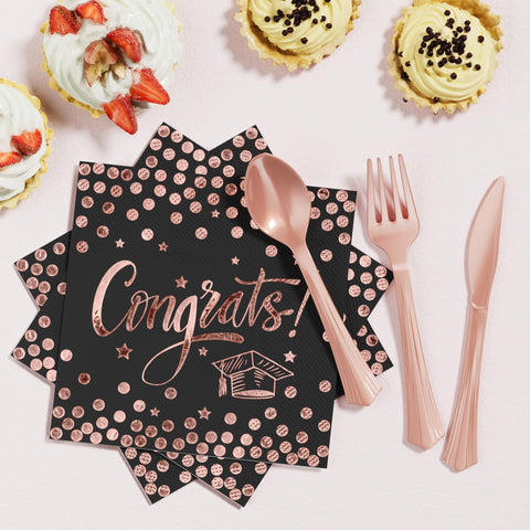 Ecomore napkins in rose gold complement the theme and simplify cleanup