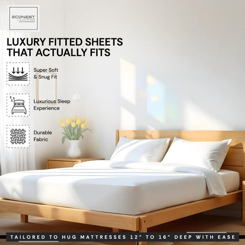 ECONEST LIVING king fitted-sheet on bed highlighting hotel-quality white bedding