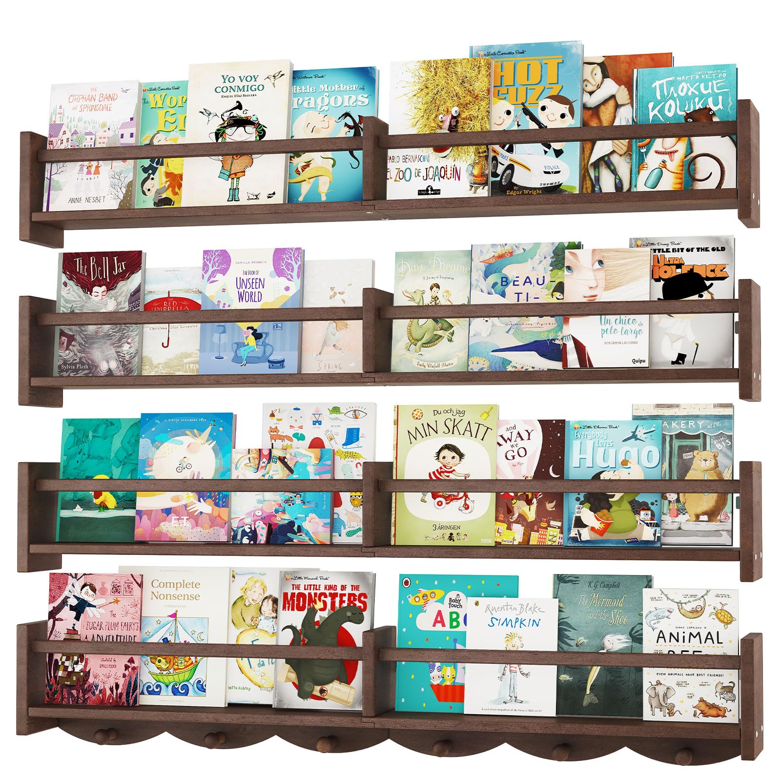 ECOOCE 34inch nursery shelves wall-mounted set of four in dark brown for organized kids' space.