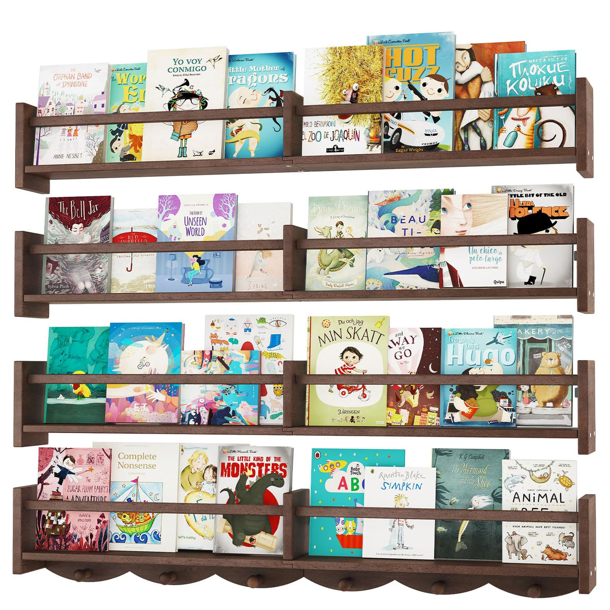 ECOOCE 34inch nursery shelves wall-mounted set of four in dark brown for organized kids' space.