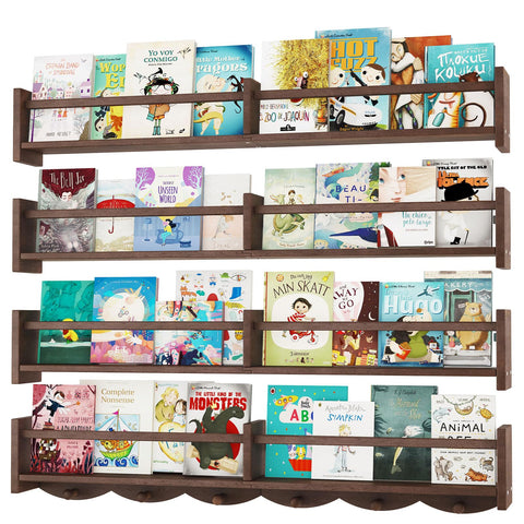 ECOOCE 34inch nursery shelves wall-mounted set of four in dark brown for organized kids' space.