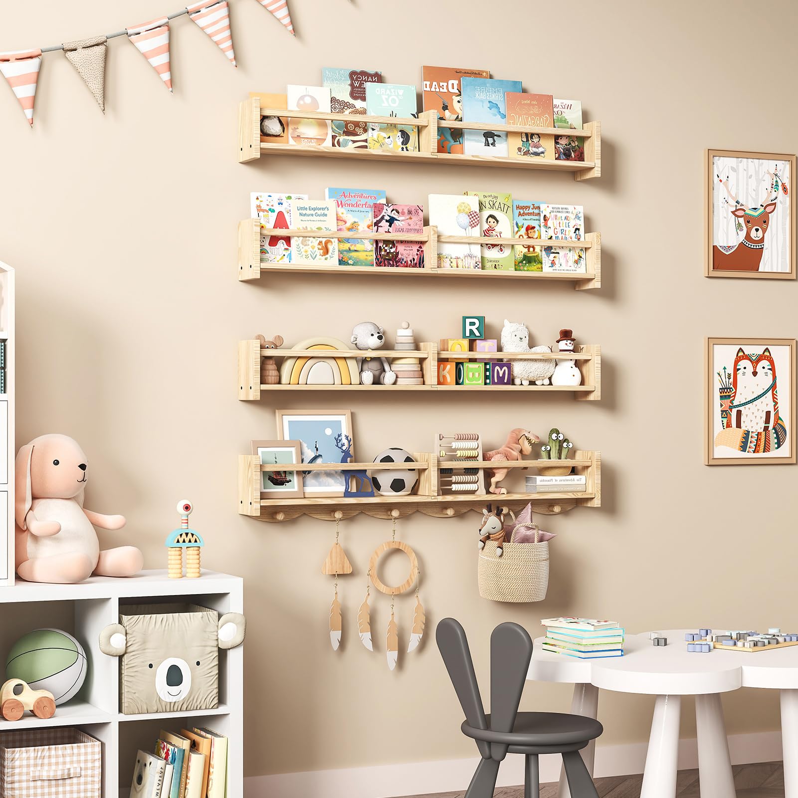 ECOOCE nursery shelves set4 with six hooks coat rack for kids outerwear