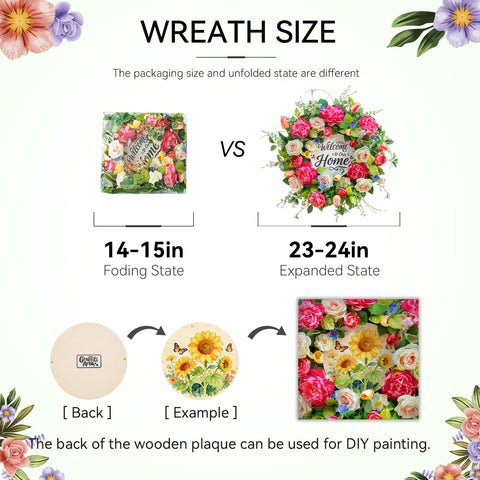 EcoRing wreath detail shows artificial peony, tulip, and rose for long-lasting color.