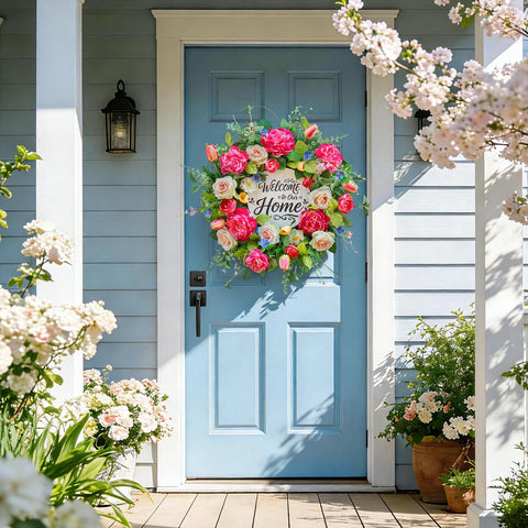EcoRing 24-inch peony-focused wreath highlights rich color and fullness.