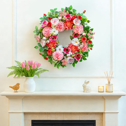 EcoRing chrysanthemum-centered wreath brightens entry with bold color.