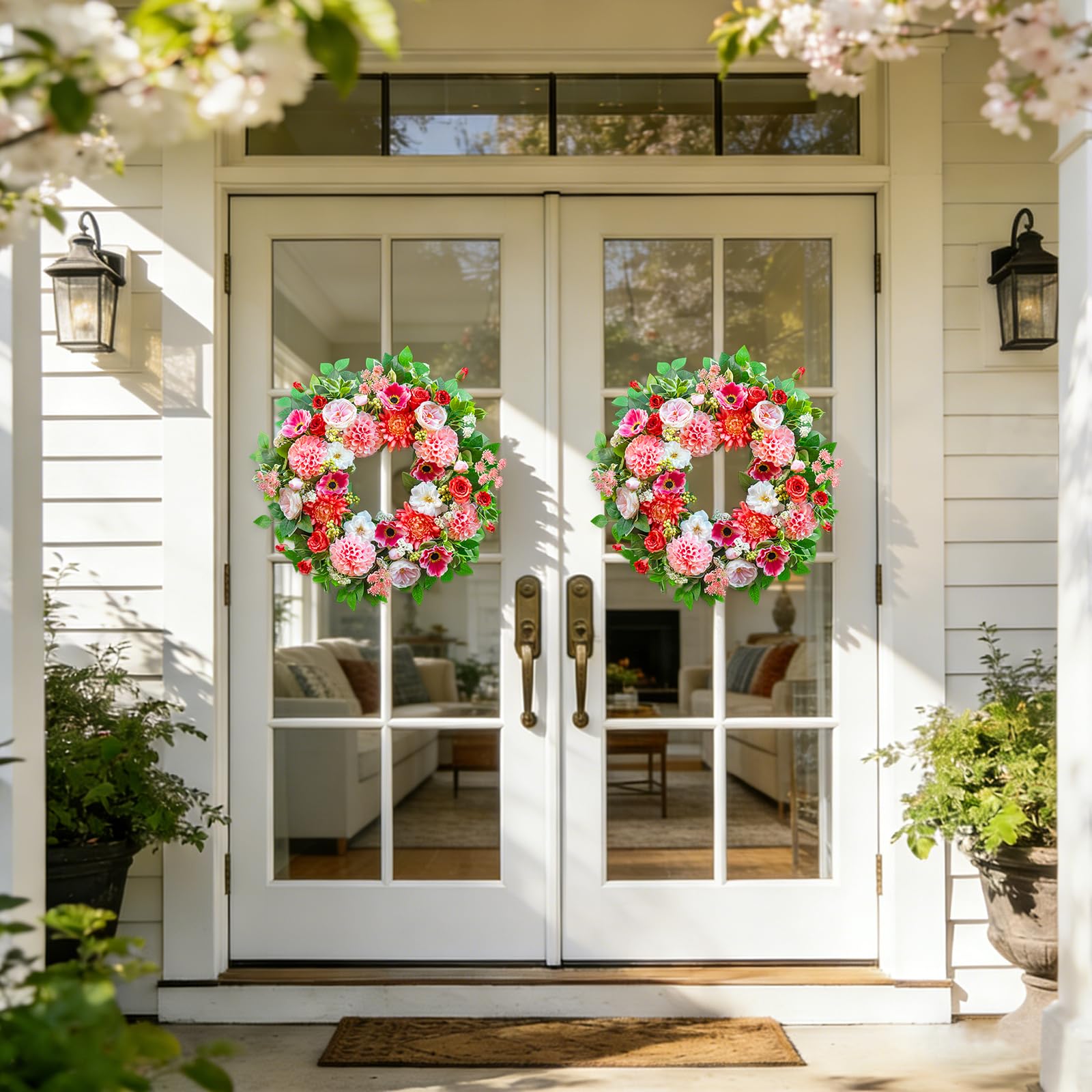 EcoRing vibrant bloom wreath with mixed florals refreshes entryway.