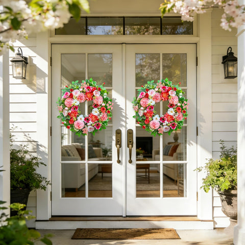 EcoRing vibrant bloom wreath with mixed florals refreshes entryway.