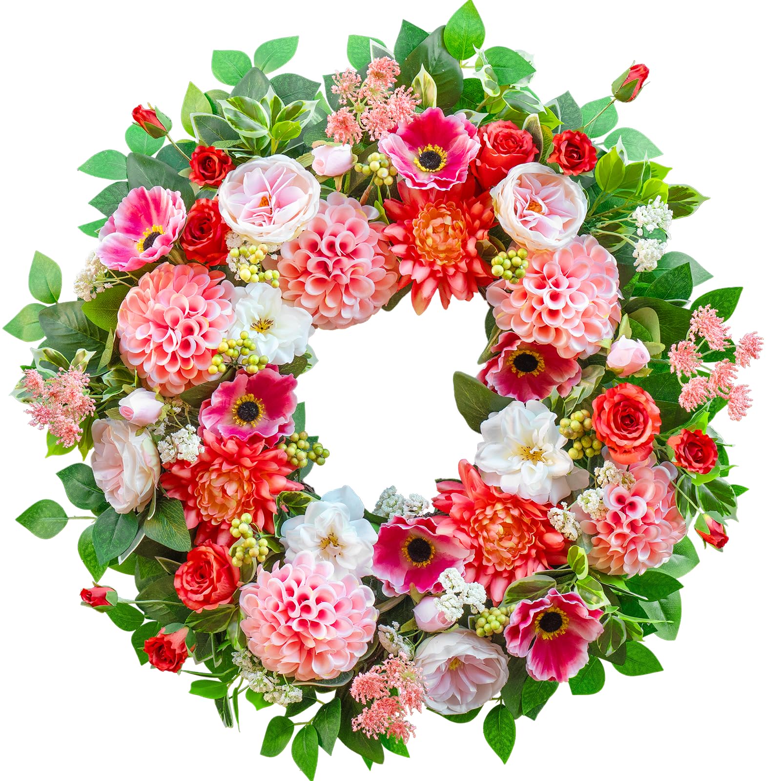 EcoRing durable artificial flowers keep color through seasons on the door.