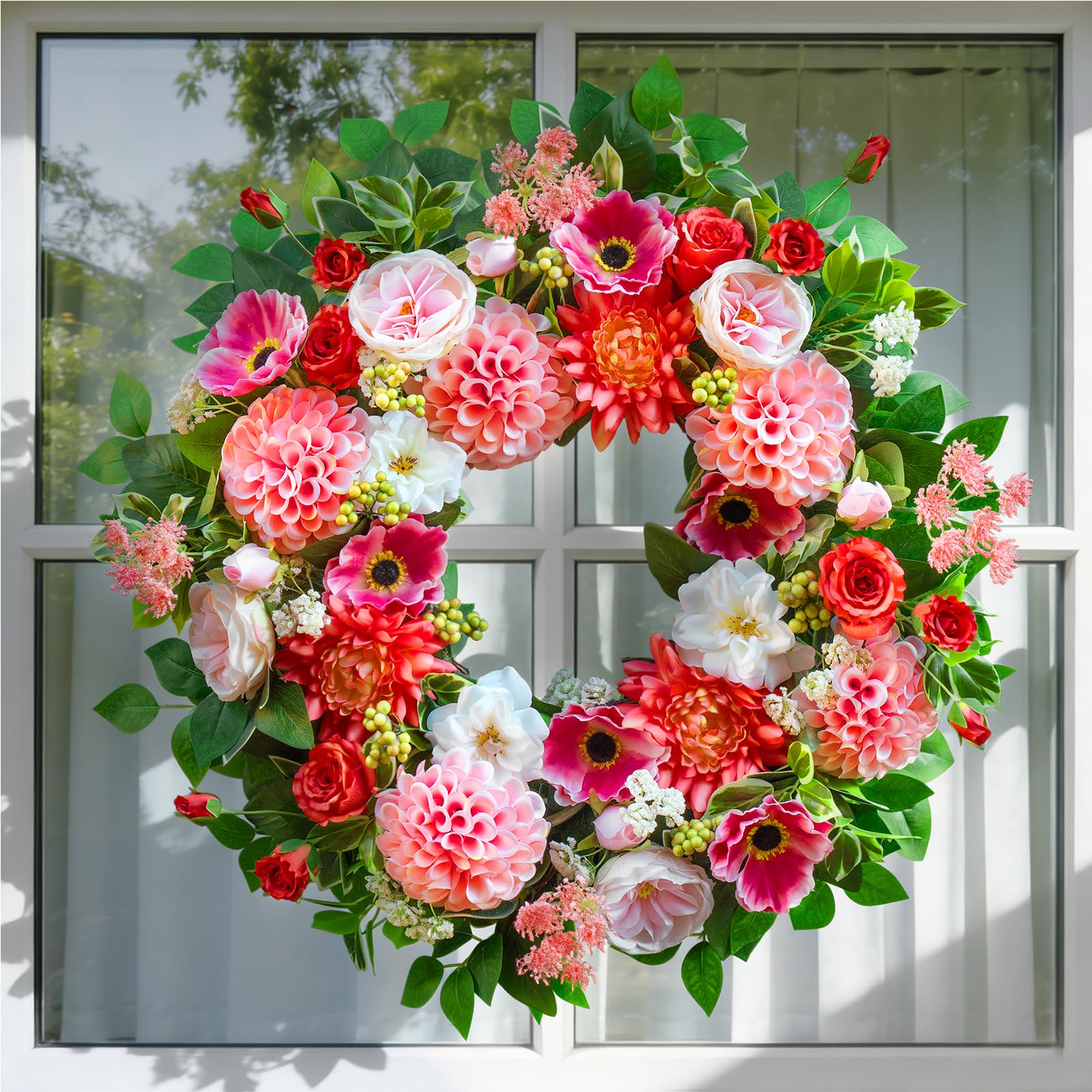 EcoRing wreath with roses adds romantic charm to your doorway.