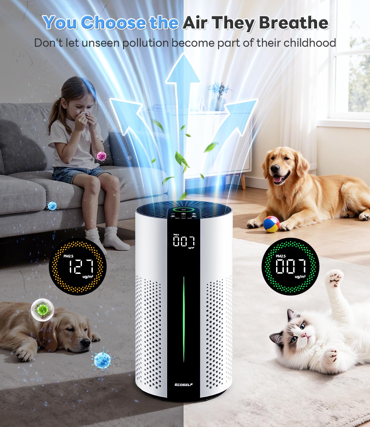 ECOSELF air purifier shows HEPA filter status and maintenance reminder