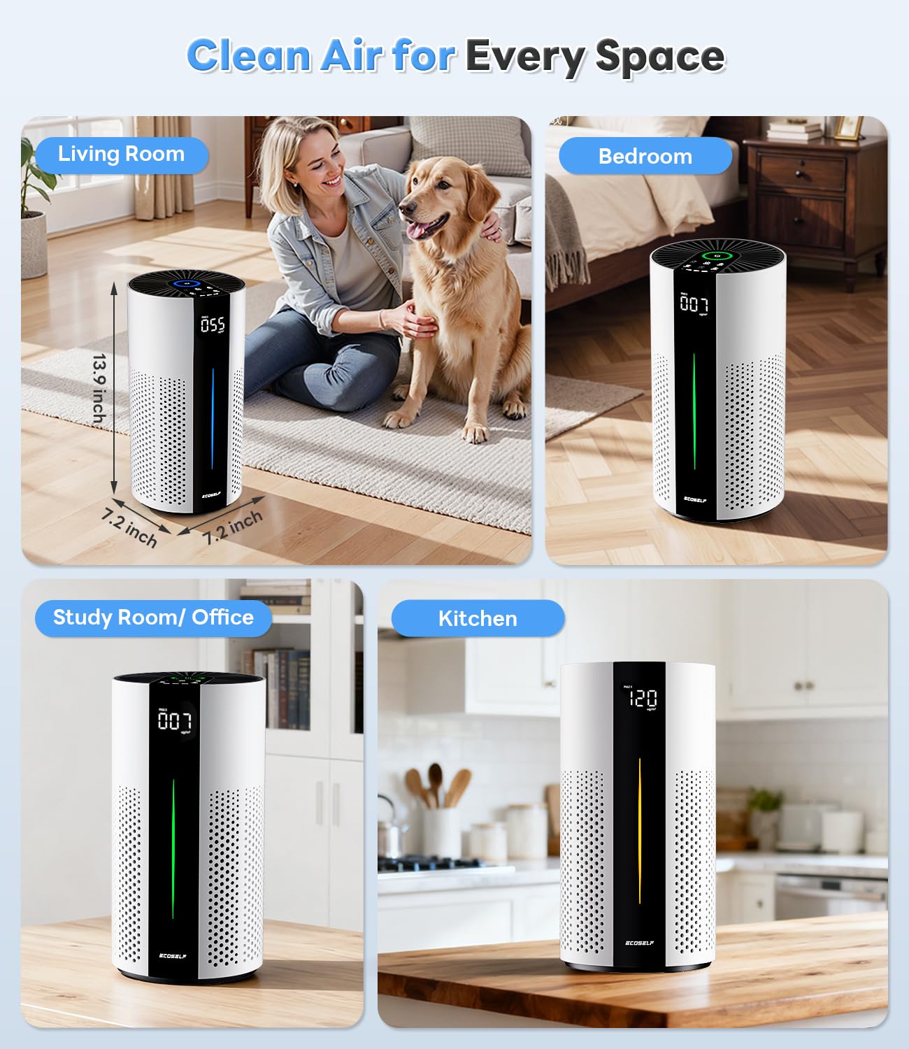 ECOSELF air purifier operates quietly for undisturbed nights