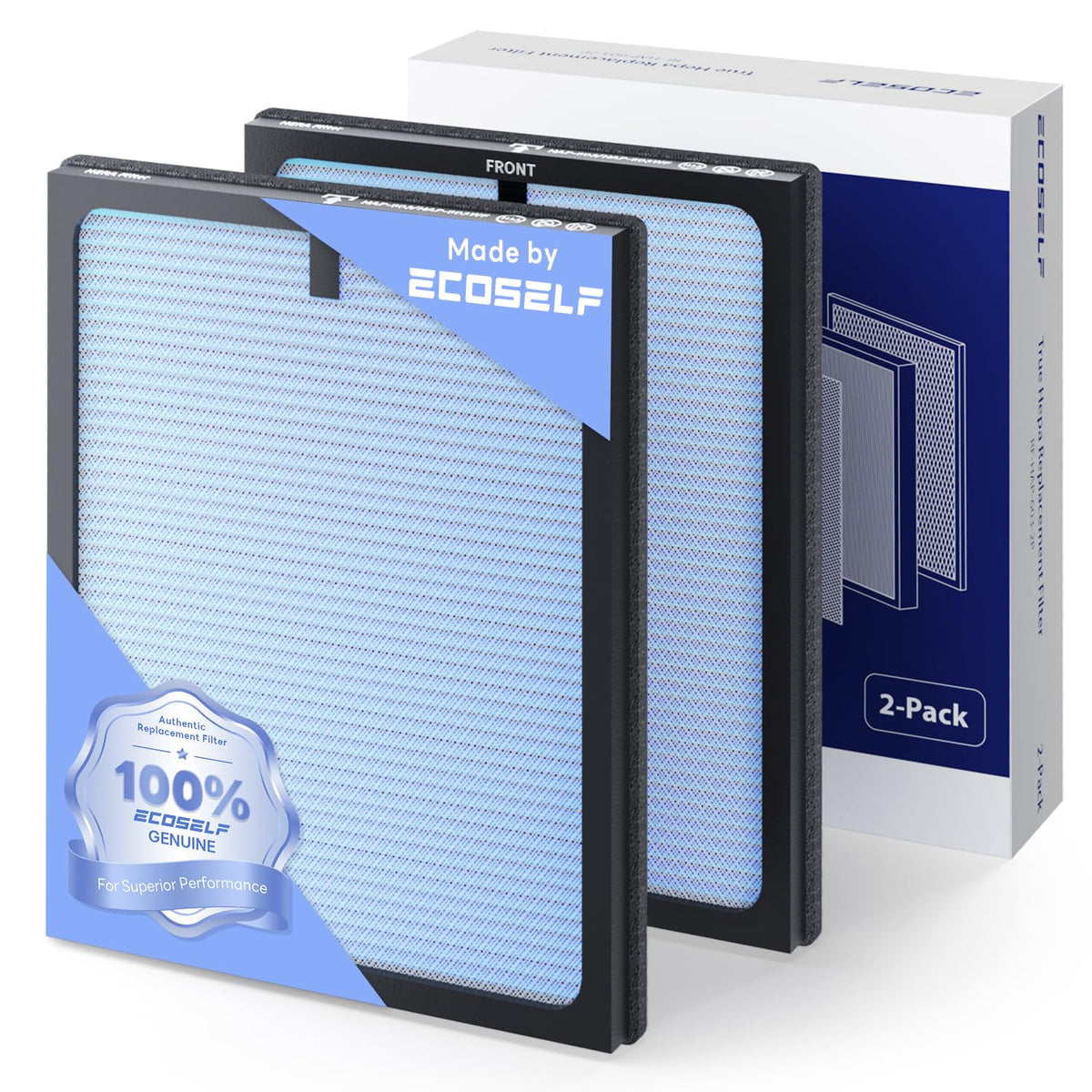 ECOSELF HAP603 blue filter two-pack close-up for easy replacement.