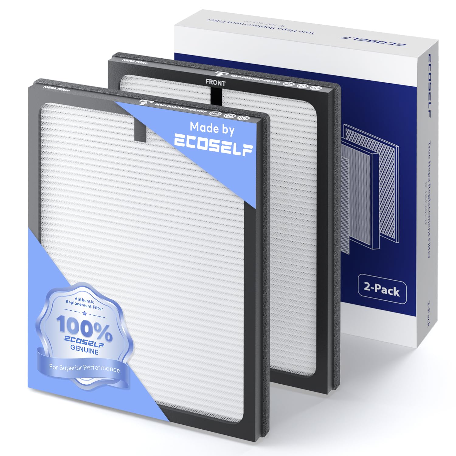 ECOSELF HAP603 replacement filter closeup shows authentic 3-in-1 HEPA, carbon, and pre-filter design.