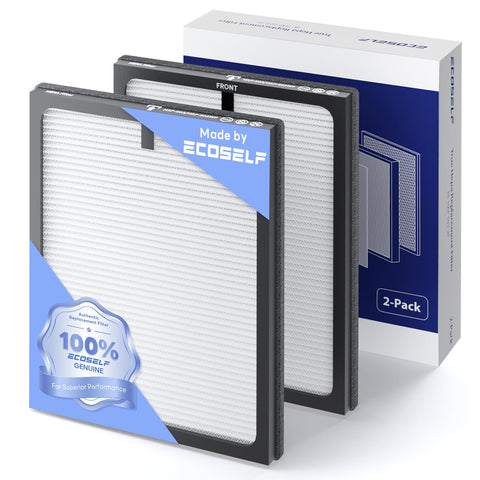ECOSELF HAP603 replacement filter closeup shows authentic 3-in-1 HEPA, carbon, and pre-filter design.