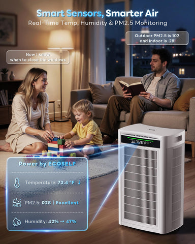 Real-time AQI and comfort display helps monitor air quality at a glance.