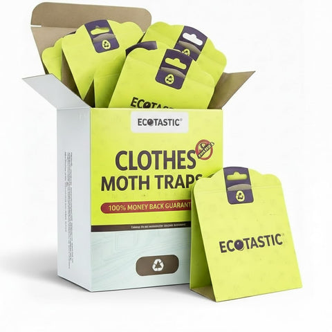 ECOTASTIC clothes moth traps folded traps for easy closet placement.