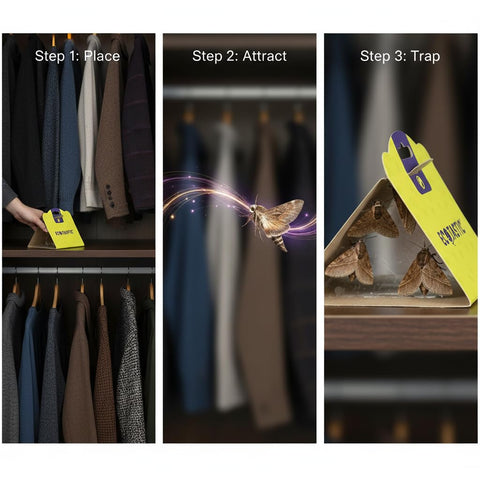 ECOTASTIC clothes moth traps in a closet protecting fabrics.