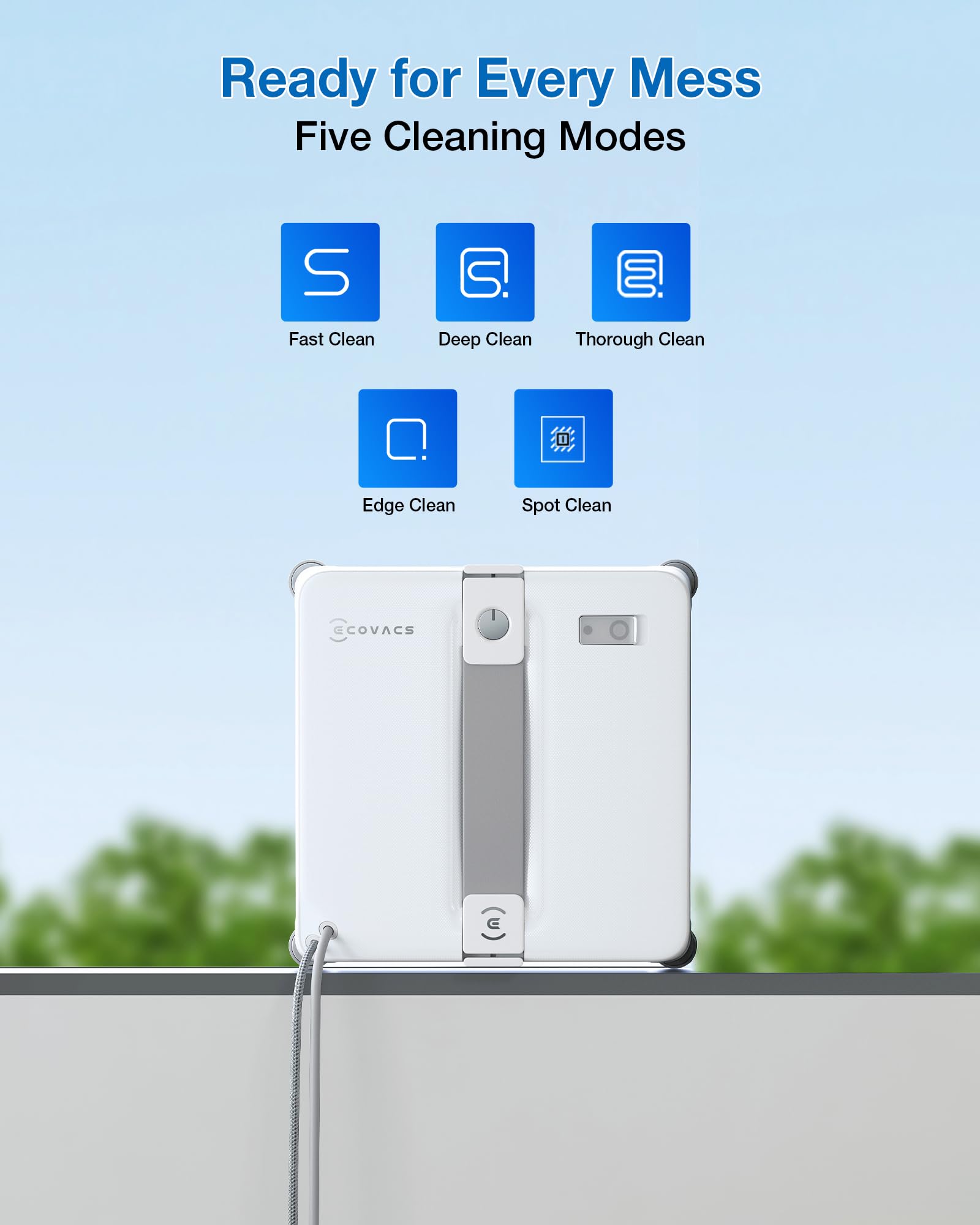 ECOVACS Winbot Mini2 safety-adhesion maintains secure cleaning on vertical glass.