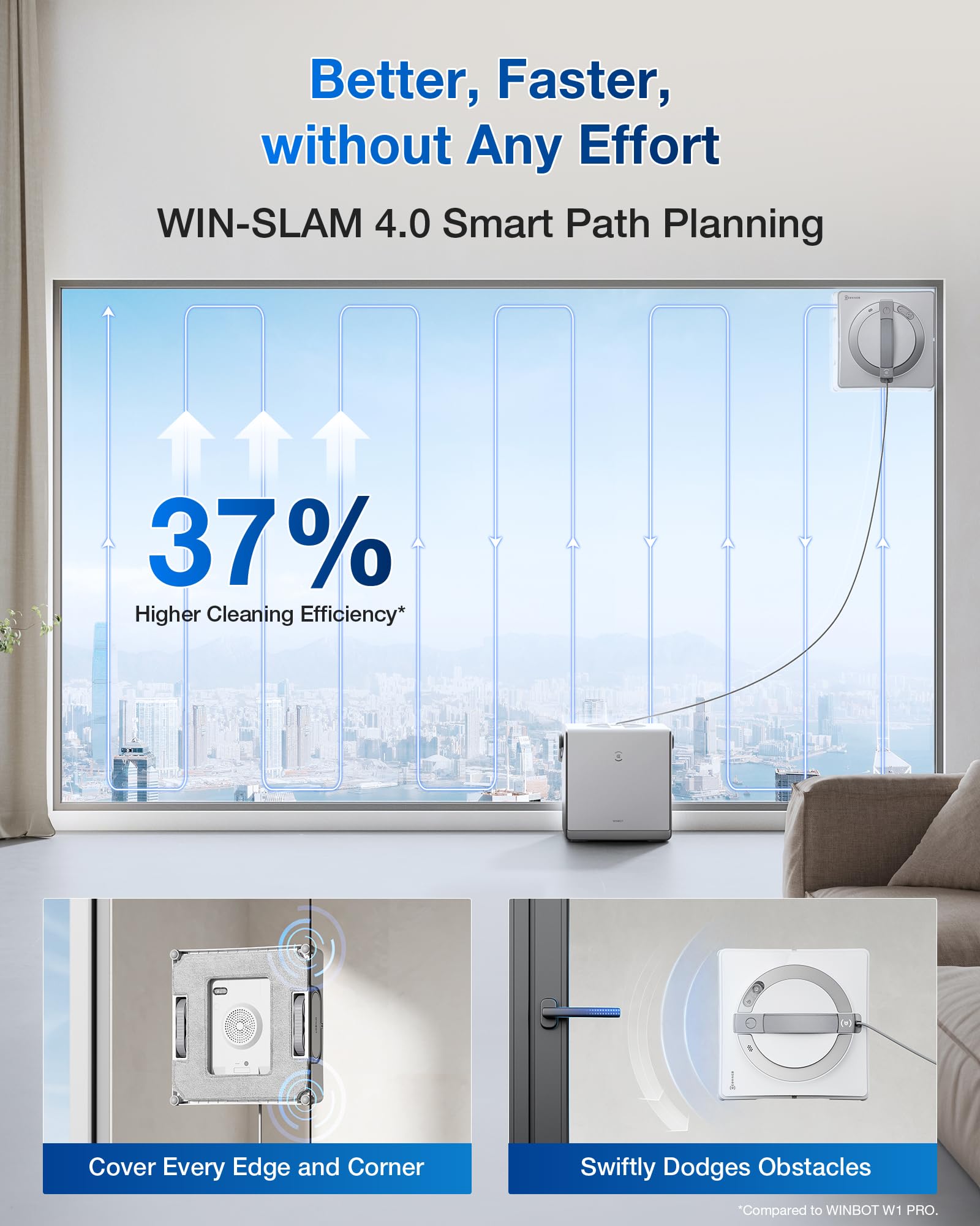 ECOVACS WINBOT W2 PRO Omni cleans a large glass pane smoothly.
