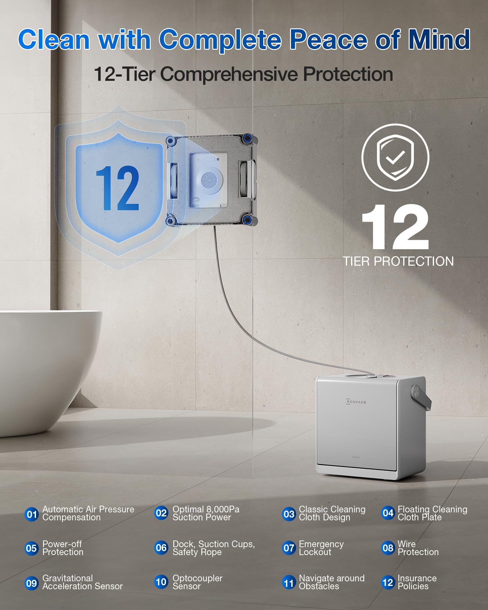 ECOVACS WINBOT W2S Omni 12-level safety system on glass surfaces