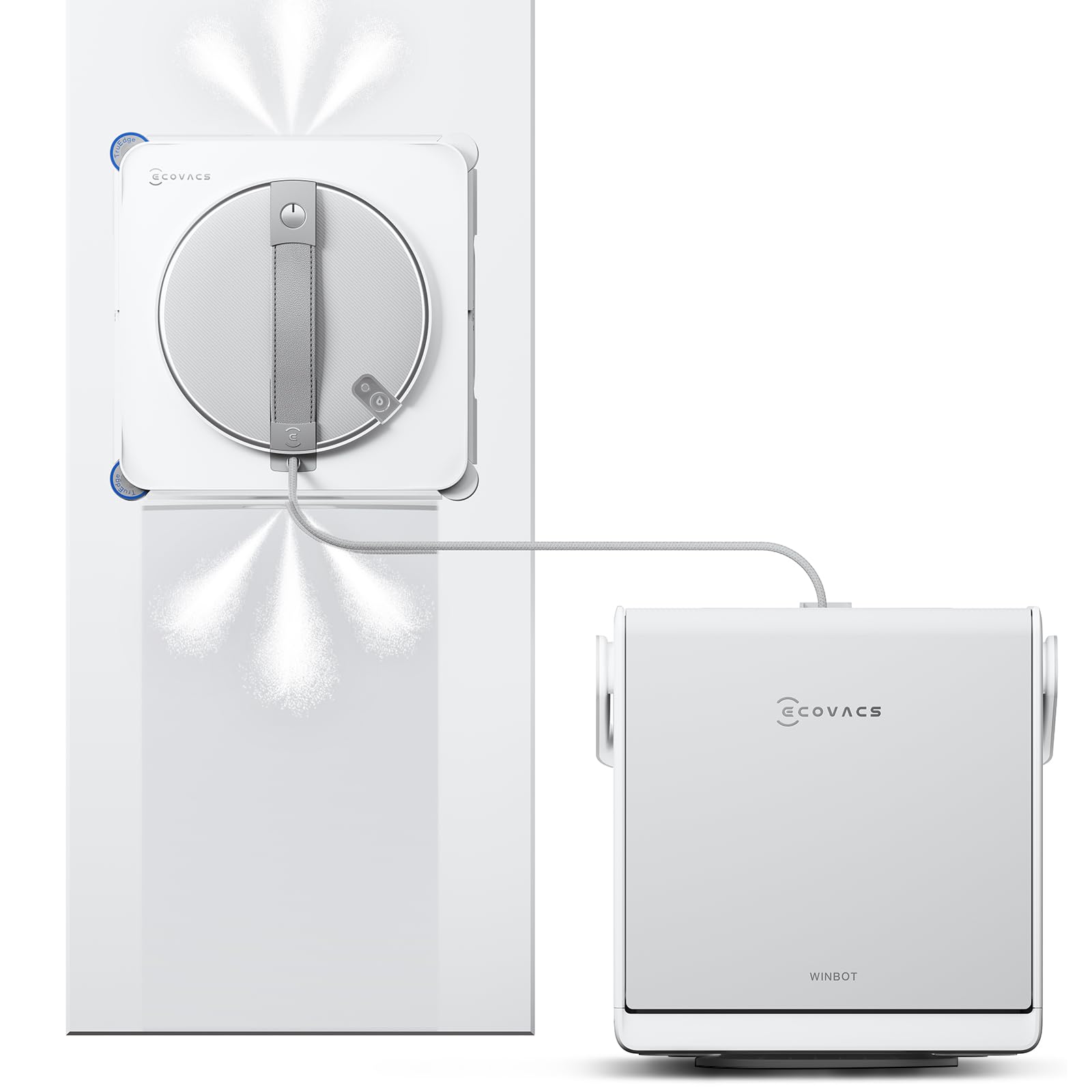 ECOVACS WINBOT W2S Omni edge-clean closeup highlights edge-to-edge precision for cleaner window edges
