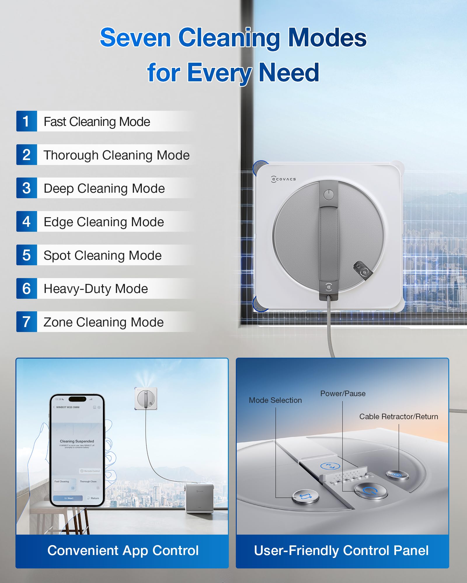 ECOVACS WINBOT W2S Omni floor-to-ceiling windows cleaning on wide panes