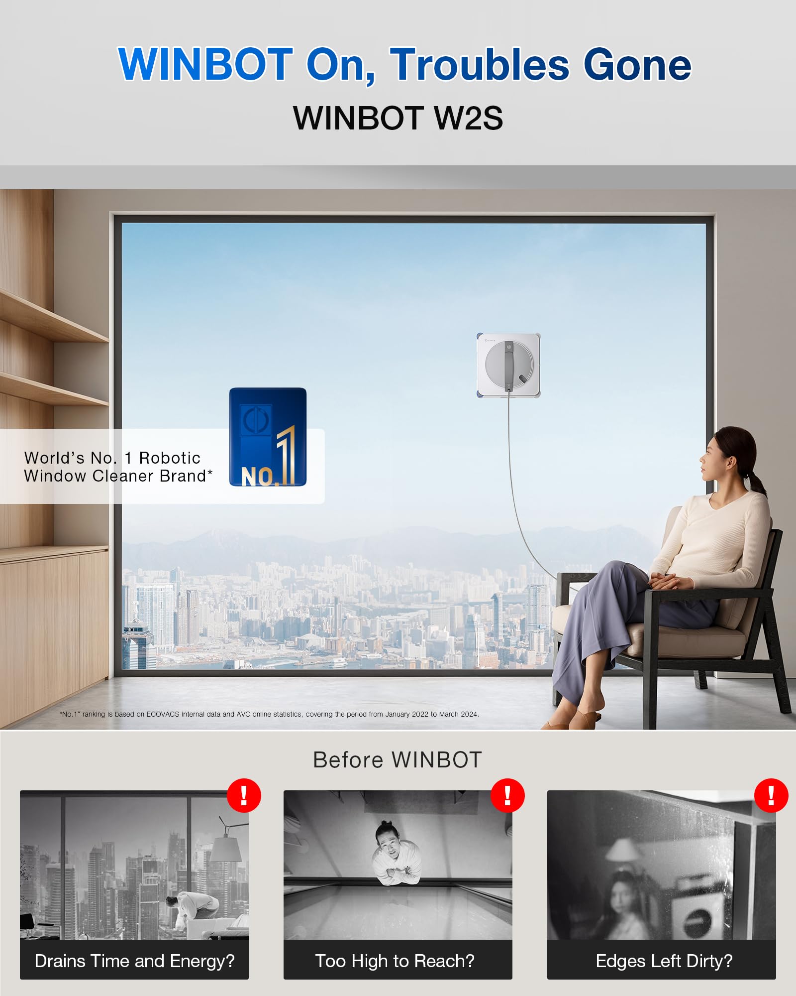 ECOVACS Winbot W2S demonstrates TruEdge scrubbers reaching frame edges