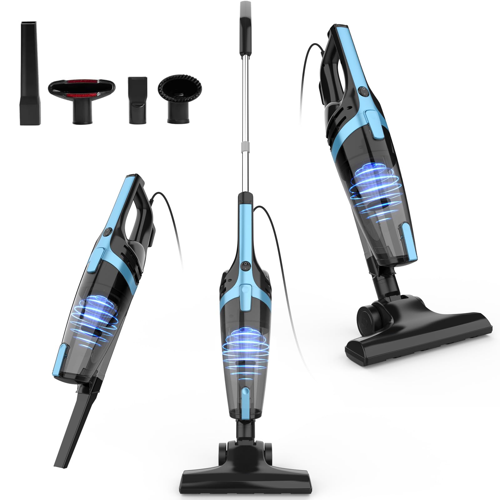 ECOVORTEX 20kPa corded stick vacuum detail highlighting powerful suction for hardwood floors.