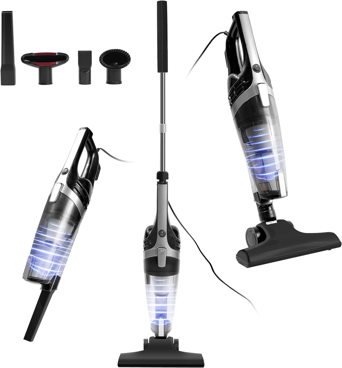 ECOVORTEX corded stick vacuum demonstrates strong suction for quick hardwood floor cleaning.