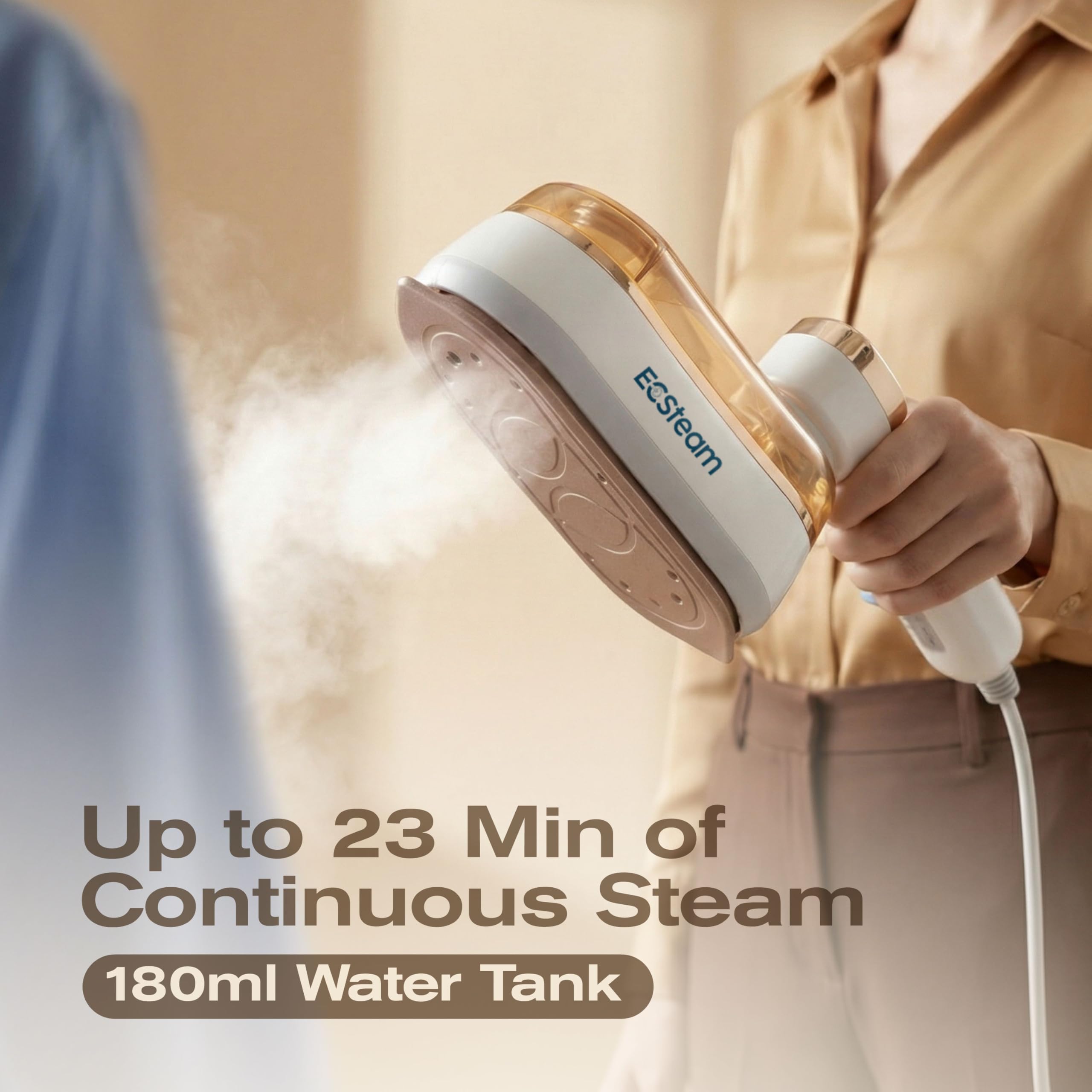 ECSteam steamer 180ml-water-tank enables up to 23 minutes of continuous steam.