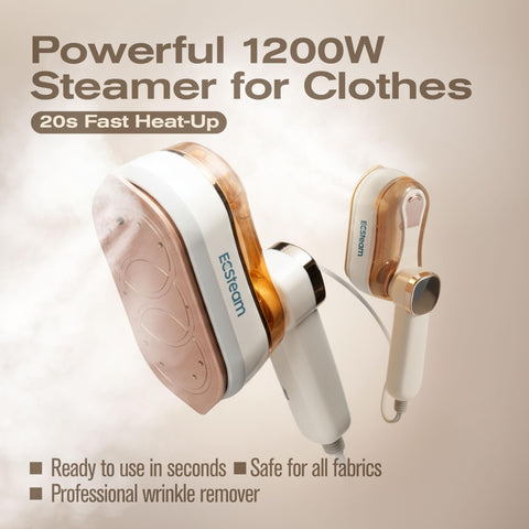 ECSteam steamer 2-in-1 handheld design highlights portability for on-the-go care.