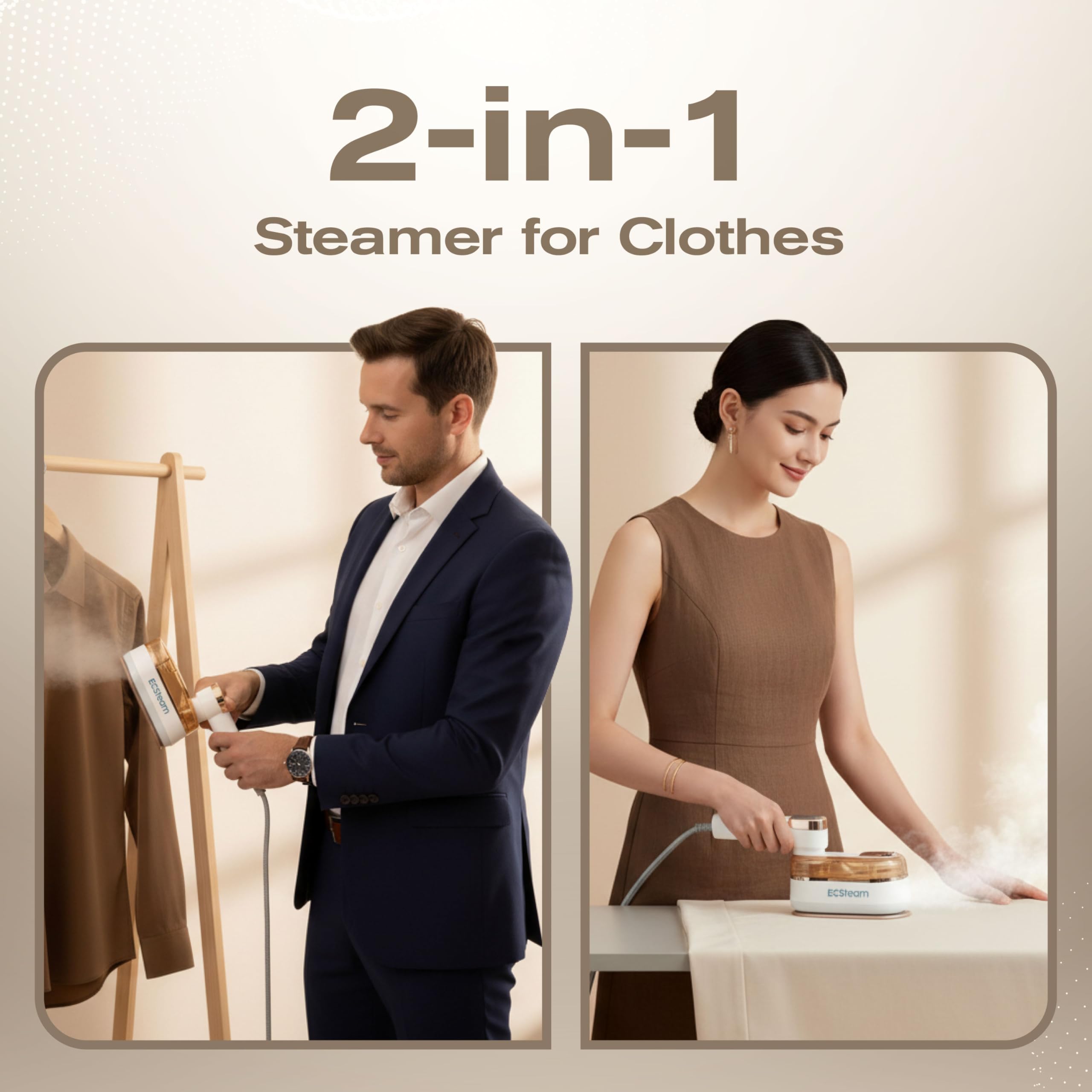ECSteam steamer ceramic-soleplate gently glides across fabrics for safe wrinkle removal.