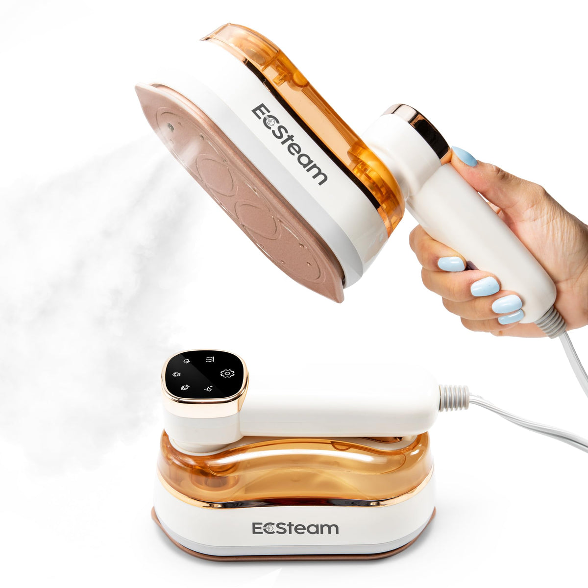 ECSteam steamer front view demonstrates compact 2-in-1 design for quick wrinkle removal.