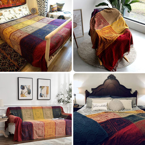 Edcooy Boho Throw Blanket on sofa; versatile warmth for movie nights.