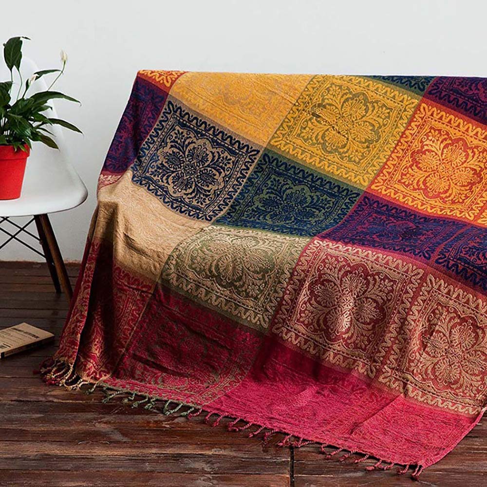 Edcooy Boho Throw Blanket tassels detail; vibrant red color adds living room accent.
