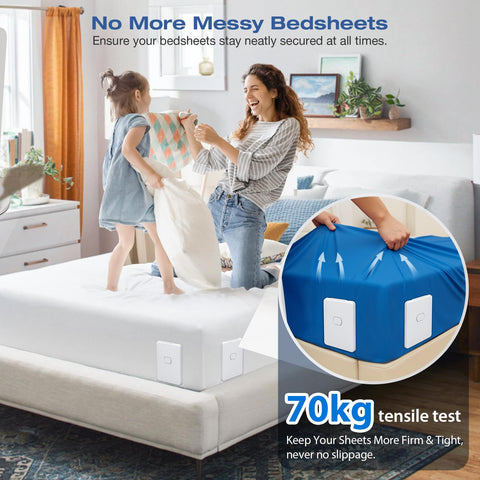 EDCREATY universal-fit bed sheet holders work with twin to king mattresses.