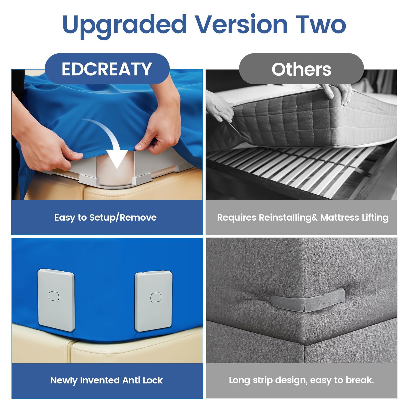 EDCREATY universal-fit bed sheet holders adapt to most mattress sizes.