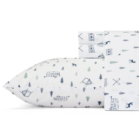 Eddie Bauer full sheets in Campout Dark Blue on a bed for a crisp, breathable sleep surface