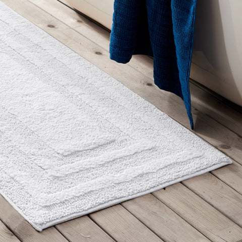 Non skid backing helps the rug stay in place on slick bathroom floors.