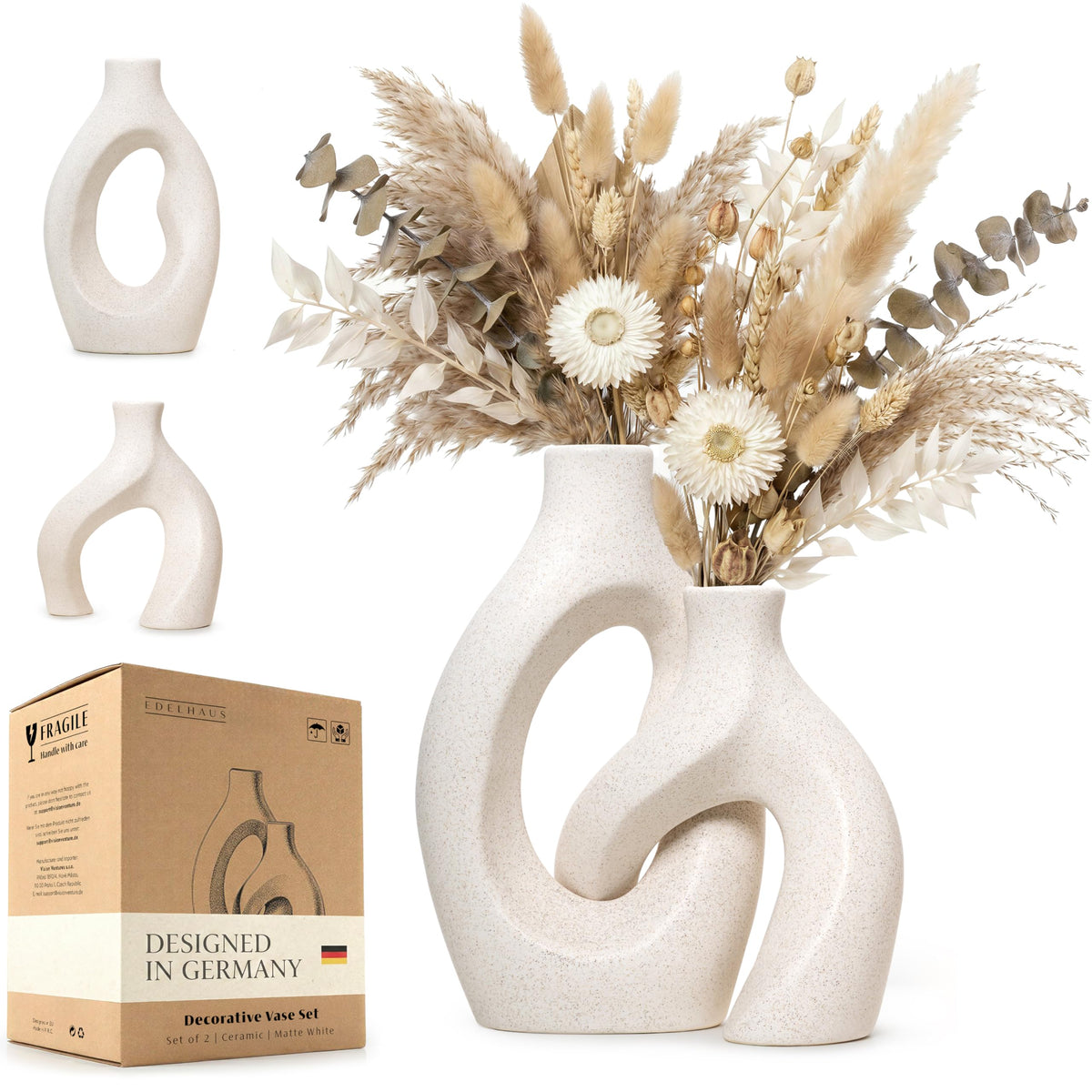 Edelhaus White Oval Vase Large—bold sculptural support for stems and contemporary decor.