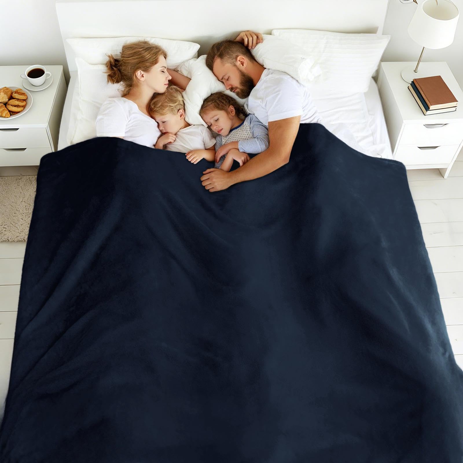 Edenleaf navy blanket used as bed cover for extra warmth