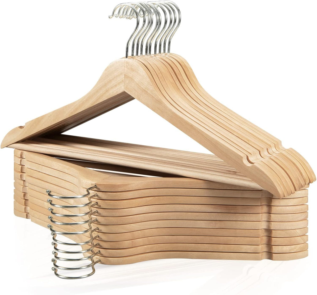 Edergoo 20-pack wooden hangers in closet save space and keep garments organized.