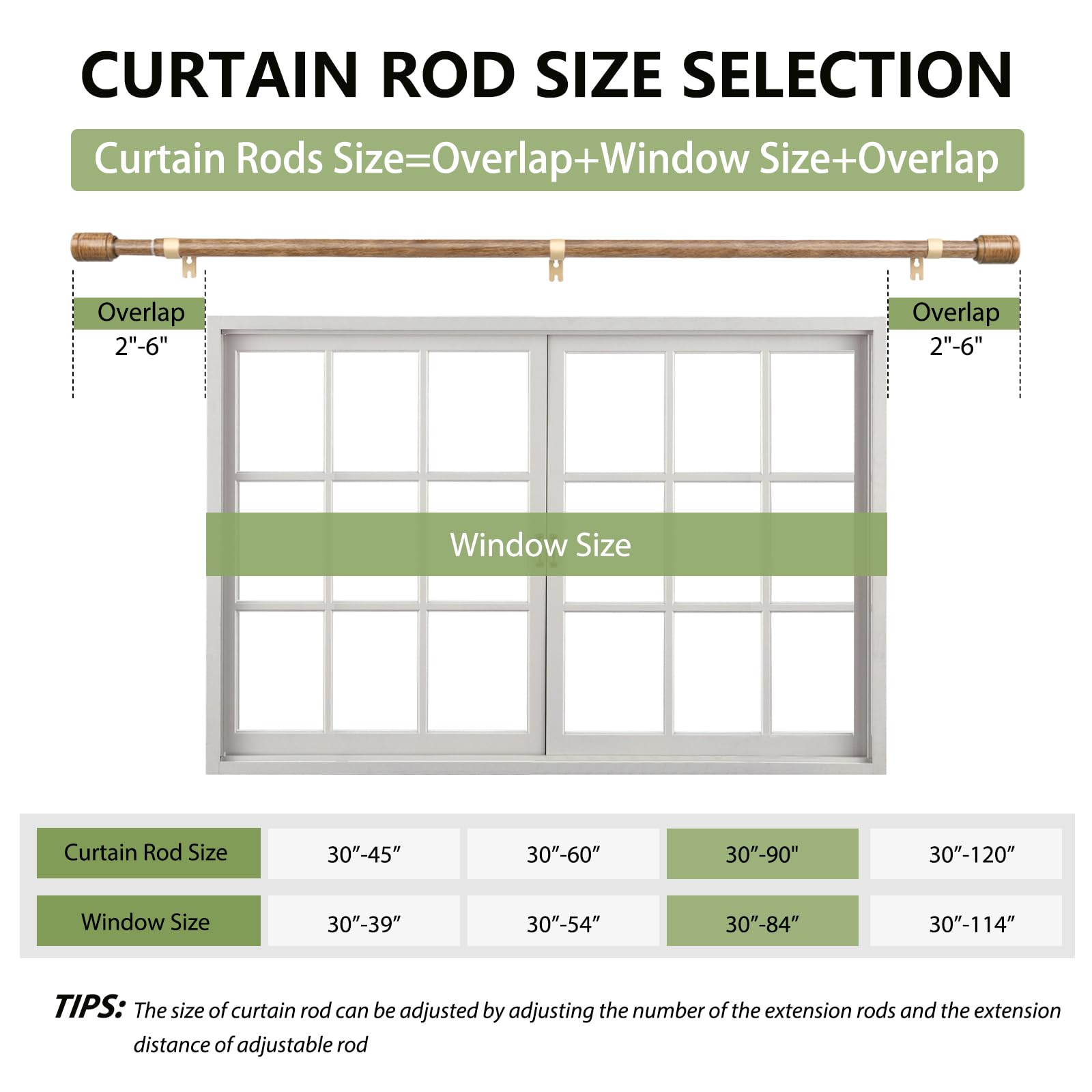 Edidonson wood grain curtain rod extended to 90 inches for wide windows.