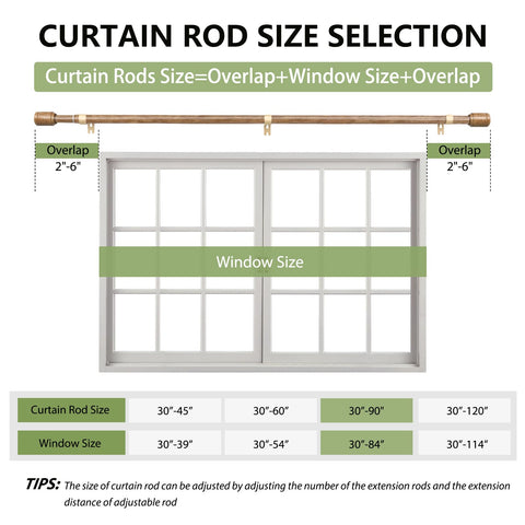 Edidonson wood grain curtain rod extended to 90 inches for wide windows.