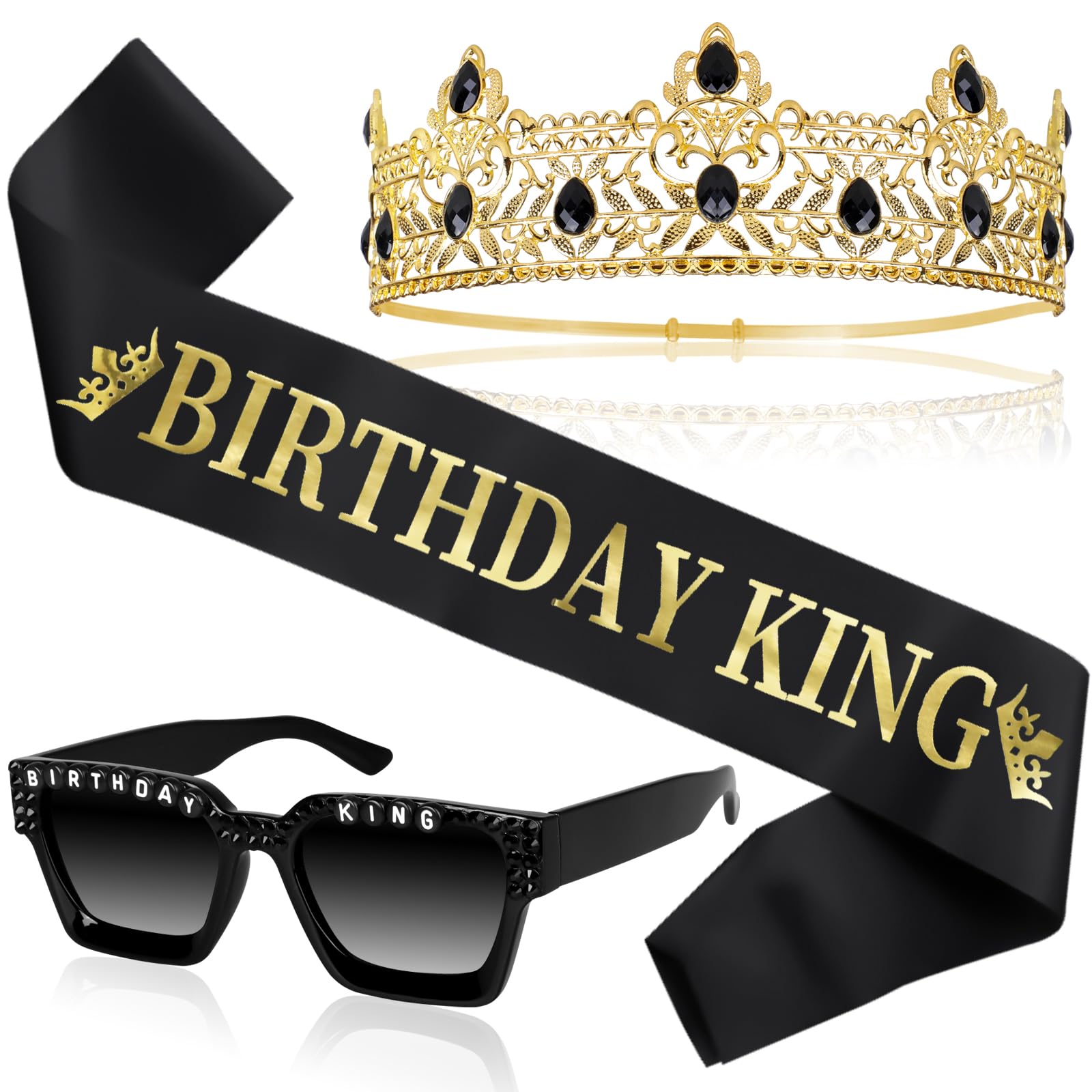 Edussy birthday crown with gold rhinestones for a glamorous party look.